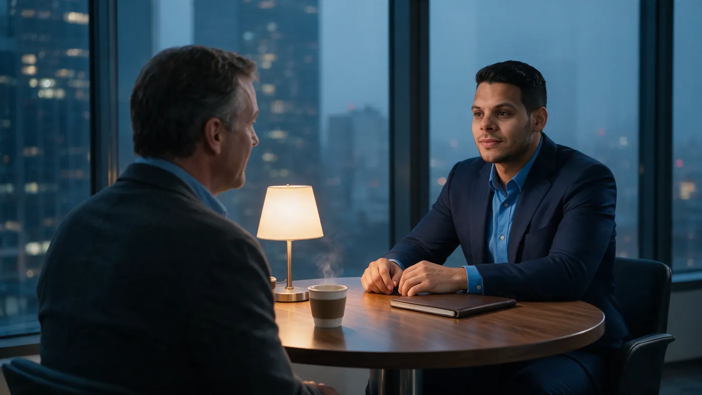 Kristoffer Torres in a strategy session with a business owner